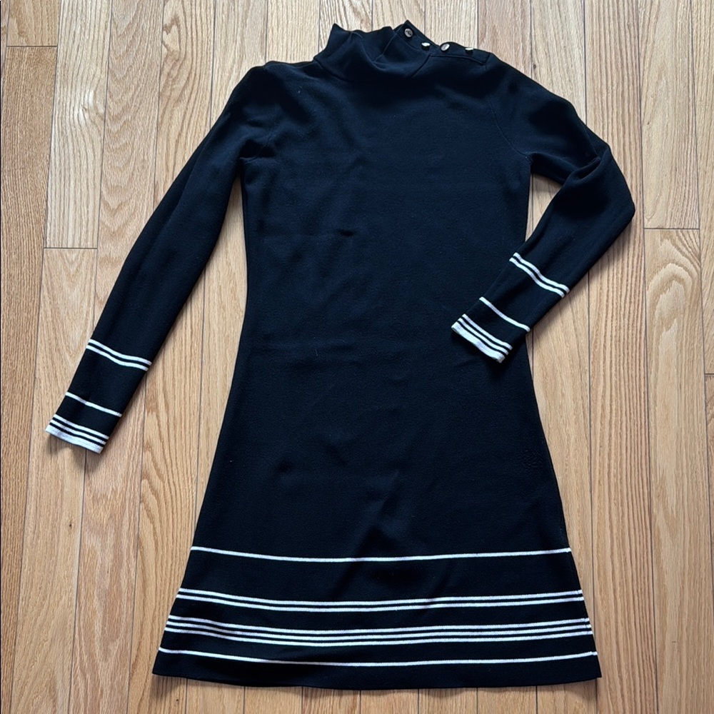 Ann Taylor Black Sheath Dress with Mock Neck and Cuffed Sleeves